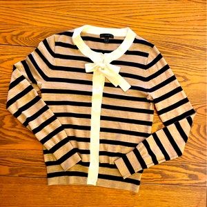 J.Crew navy and beige striped sweater with cream button and tie detail. Sz SM